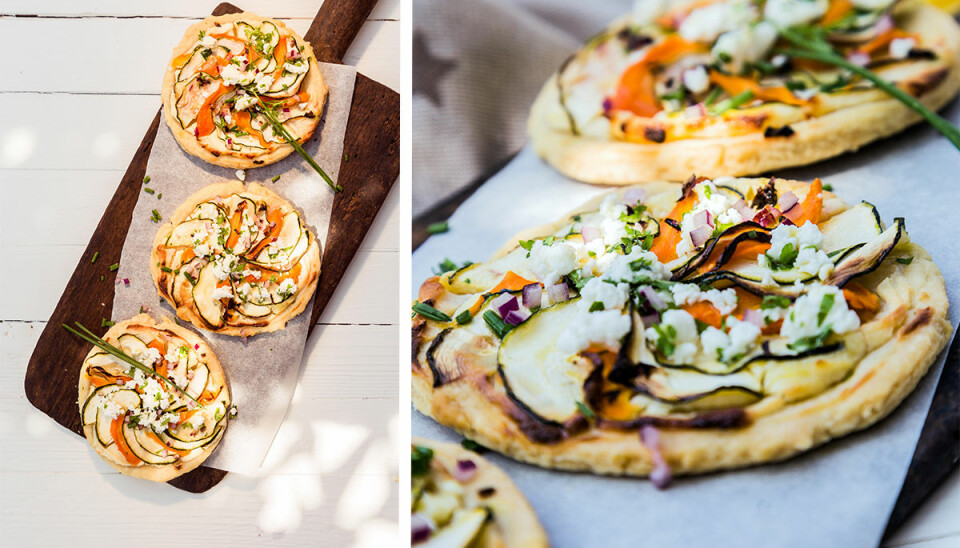 Glutenfri minipizza med aubergine och feta