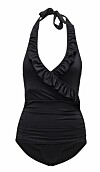Svart halterneck-baddr&auml;kt med volang, fr&aring;n Ganni.