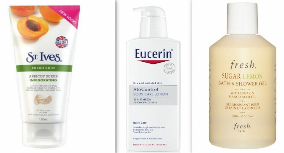 Kroppsskrubb, ”Invigorating apricot scrub”, St.Ives, 55 krHudlotion, ”Atocontrol body care lotion”, Eucerin, 199 krDuschkräm, ”Sugar lemon bath & shower gel”, Fresh, 200 kr Kroppsskrubb, ”Invigorating apricot scrub”, St.Ives, 55 krHudlotion, ”Atocontrol body care lotion”, Eucerin, 199 krDuschkräm, ”Sugar lemon bath & shower gel”, Fresh, 200 kr