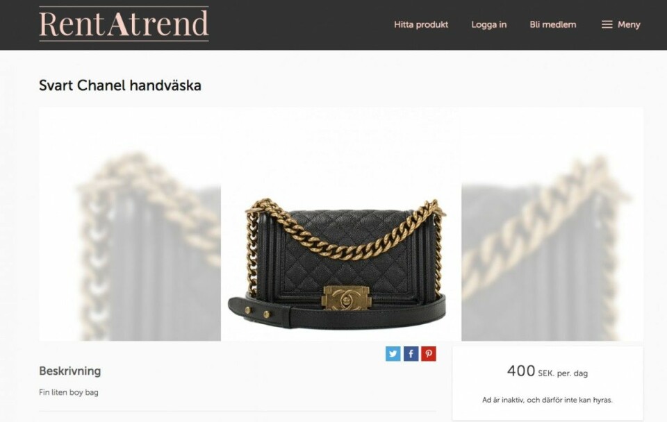 På Rentatrend kan du hyra en Chanel-väska för 400 kronor om dagen. På Rentatrend kan du hyra en Chanel-väska för 400 kronor om dagen.