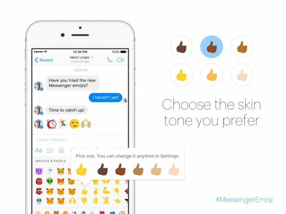 Facebook hakar även på Apples idé med att välja vilken hudton du vill använda på dina emojis. Facebook hakar även på Apples idé med att välja vilken hudton du vill använda på dina emojis.