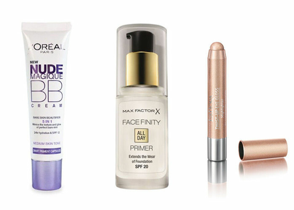 BB-cream från Lóréal, 159 kr, primer från Max Factor, 149 kr och Highlighter från Isadora, 119 kr. BB-cream från Lóréal, 159 kr, primer från Max Factor, 149 kr och Highlighter från Isadora, 119 kr.