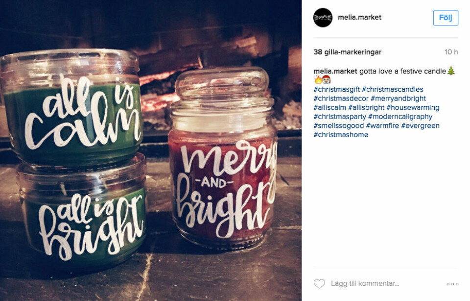 Det är superlätt att göra sina egna ljus. Använd gamla burkar och glas, gjut i lite ljusmassa och skriv med glaspenna utanpå – perfekt julklapp dessutom! Foto: Instagram/@melia.market