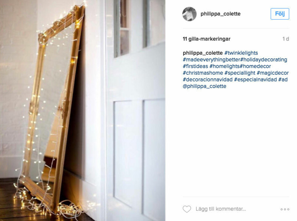 Varför bara ha julljus i granen? Häng upp dem runt en spegel hemma också för att fixa myset på nolltid. Foto: Instagram/@philippa_colette