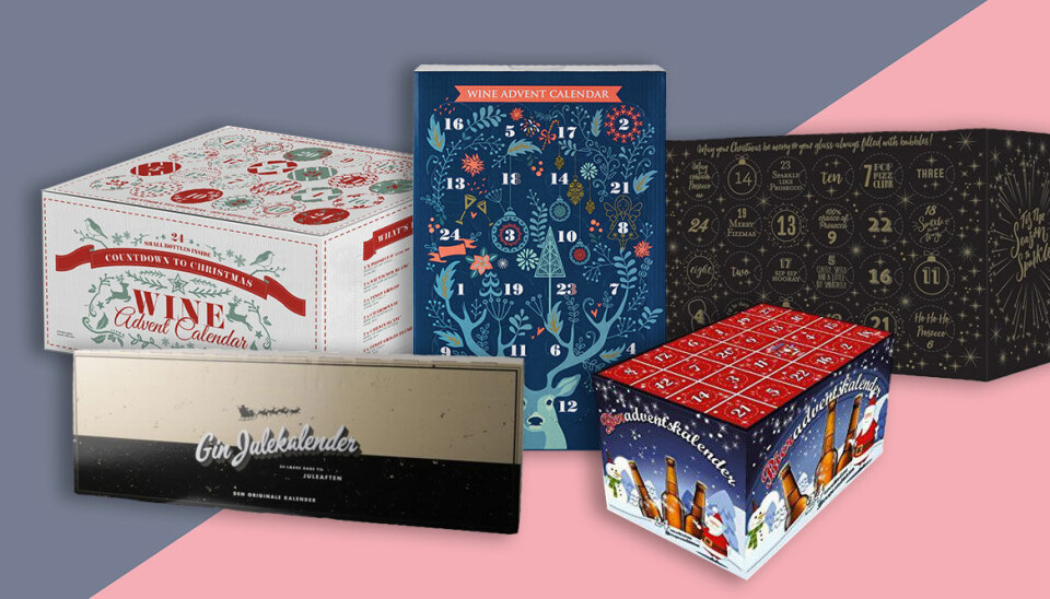 5 adventskalendrar med vin, bubbel, öl och gin bakom luckorna