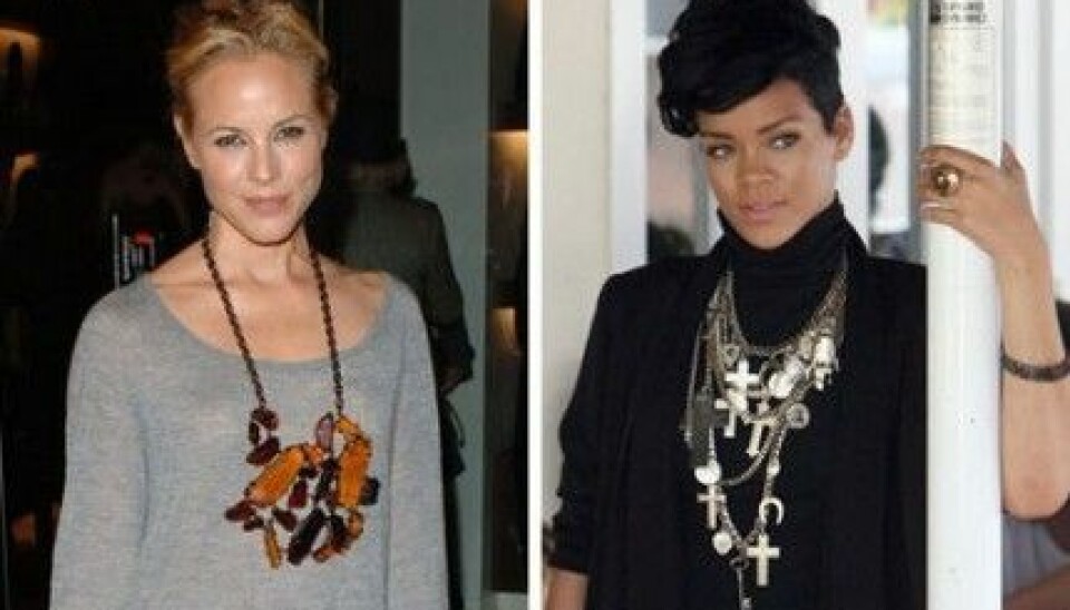 Maria Bello och Rihanna matchar sina statementhalsband med neutrala kläder. Maria Bello och Rihanna matchar sina statementhalsband med neutrala kläder.