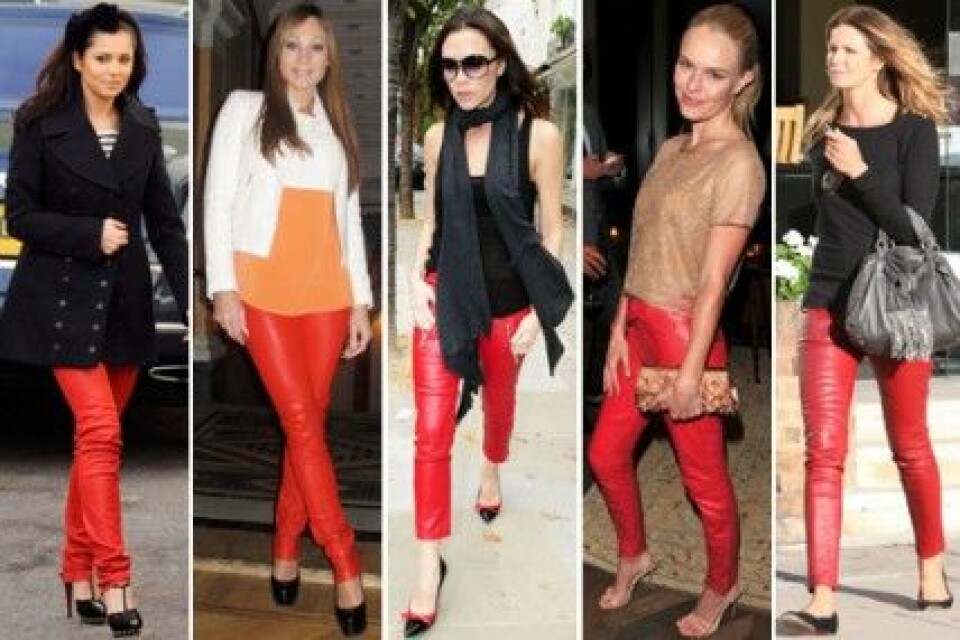Cheryl, Charlotte, Victoria, Kate och Elle i röda skinnbyxor. Cheryl, Charlotte, Victoria, Kate och Elle i röda skinnbyxor.
