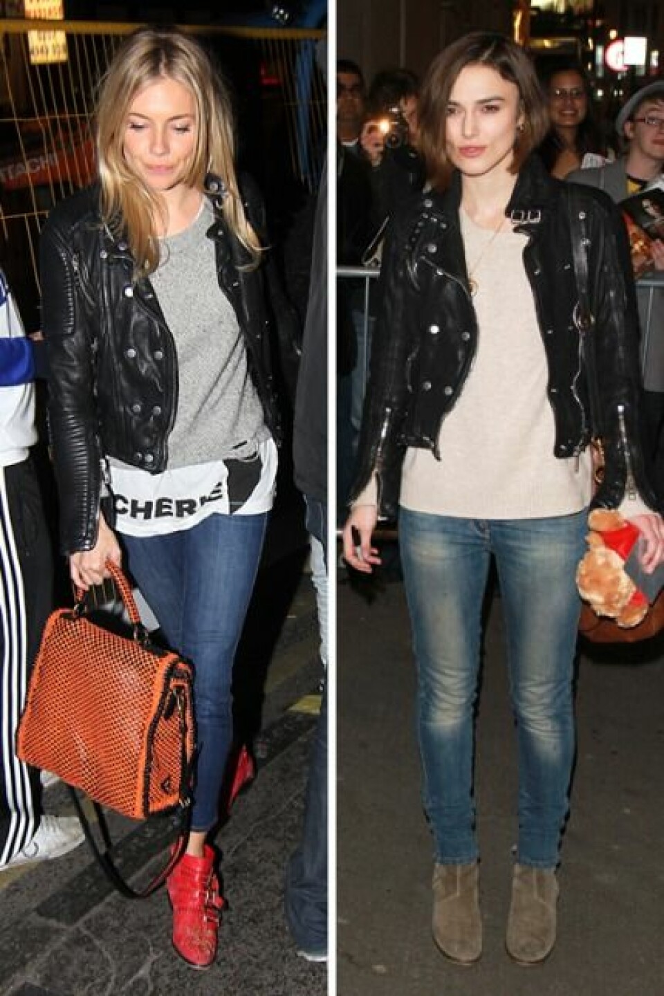 Sienna Miller och Keira Knightley i Burberry biker jacket. Sienna Miller och Keira Knightley i Burberry biker jacket.