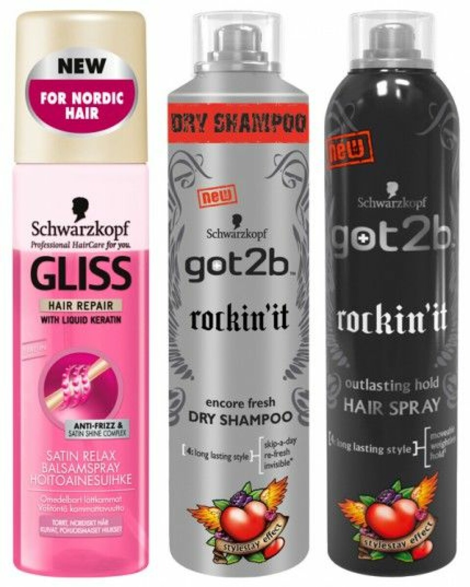 Gliss Satin Relax balsamspray, Got2b rockin’it Dry Shampoo och Hairspray. Gliss Satin Relax balsamspray, Got2b rockin’it Dry Shampoo och Hairspray.
