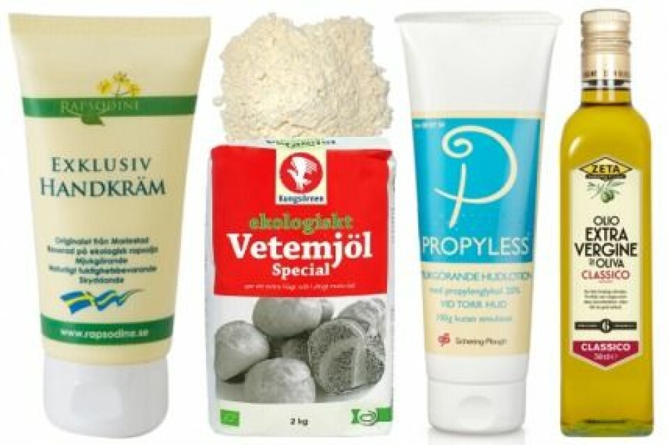 Handkräm från Rapsodine, vetemjöl, hudlotion från Propyless och olivoja. Handkräm från Rapsodine, vetemjöl, hudlotion från Propyless och olivoja.