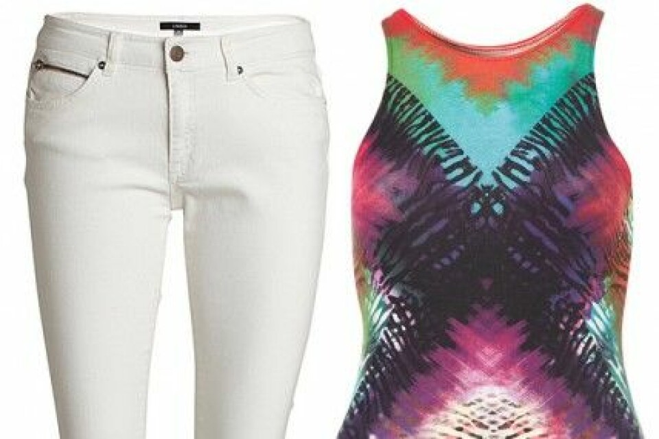 Vita jeans: Lindex, 199 kr. Mönstrad klänning: Topshop, 299 kr. Vita jeans: Lindex, 199 kr. Mönstrad klänning: Topshop, 299 kr.