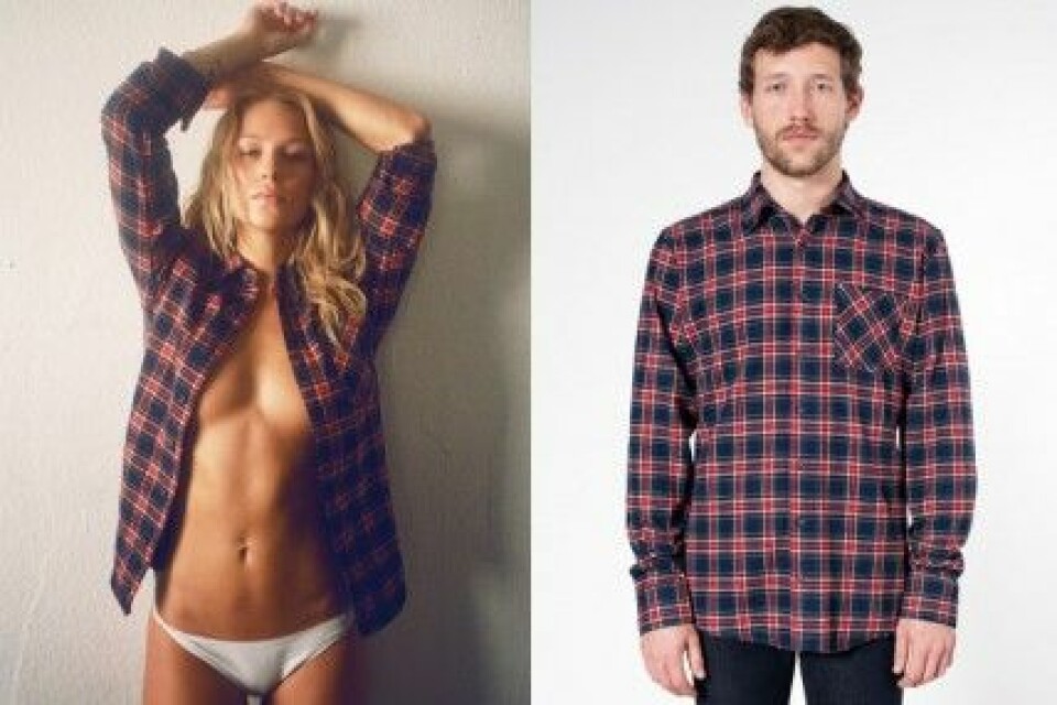 Så här visar American Apparel sin unisexskjorta på en kvinna och på en man. Så här visar American Apparel sin unisexskjorta på en kvinna och på en man.