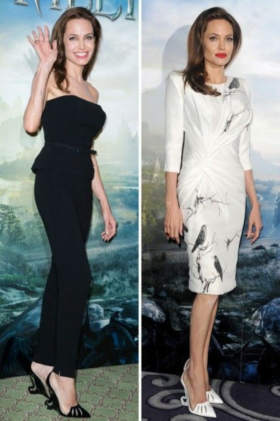 Angelina Jolie bar Louboutins i svart och vitt pår premiären av ”Malificent. Angelina Jolie bar Louboutins i svart och vitt pår premiären av ”Malificent.