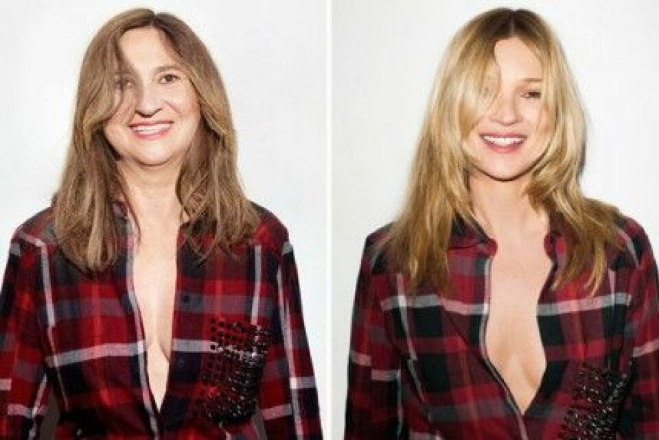 Den franska stylisten Nathalie Croquet visar hur hon ser ut när hon stylas som Kate Moss i en klädannons. Den franska stylisten Nathalie Croquet visar hur hon ser ut när hon stylas som Kate Moss i en klädannons.