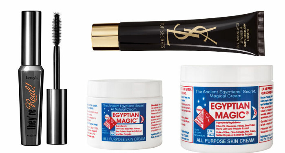 Mascara, Benefit, 225 kr, Highlighter, Yves Saint Laurent, 490 kr, Kräm, Egyptian Magic, 205 kr. Mascara, Benefit, 225 kr, Highlighter, Yves Saint Laurent, 490 kr, Kräm, Egyptian Magic, 205 kr.