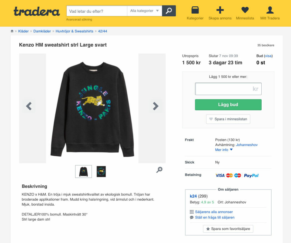 Plaggen från Kenzo x H&M säljs dyrt på Tradera. Plaggen från Kenzo x H&M säljs dyrt på Tradera.