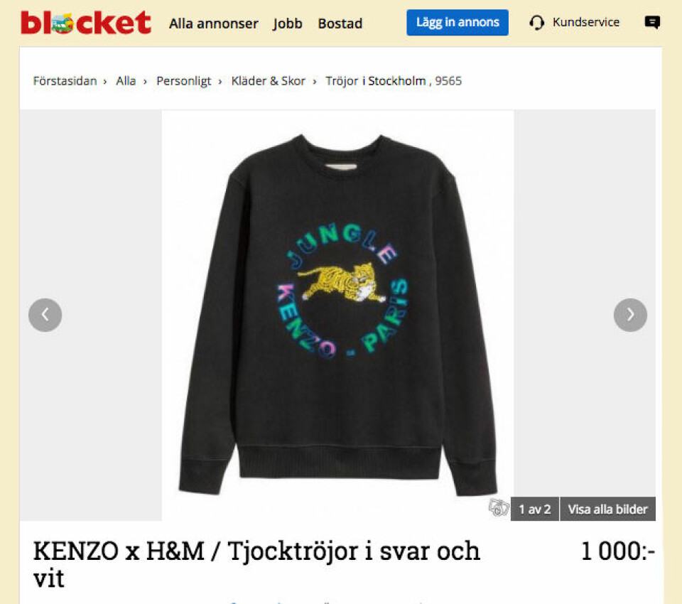 Collegetröjan från Kenzo x H&M säljs för dubbla priset på Blocket. Collegetröjan från Kenzo x H&M säljs för dubbla priset på Blocket.