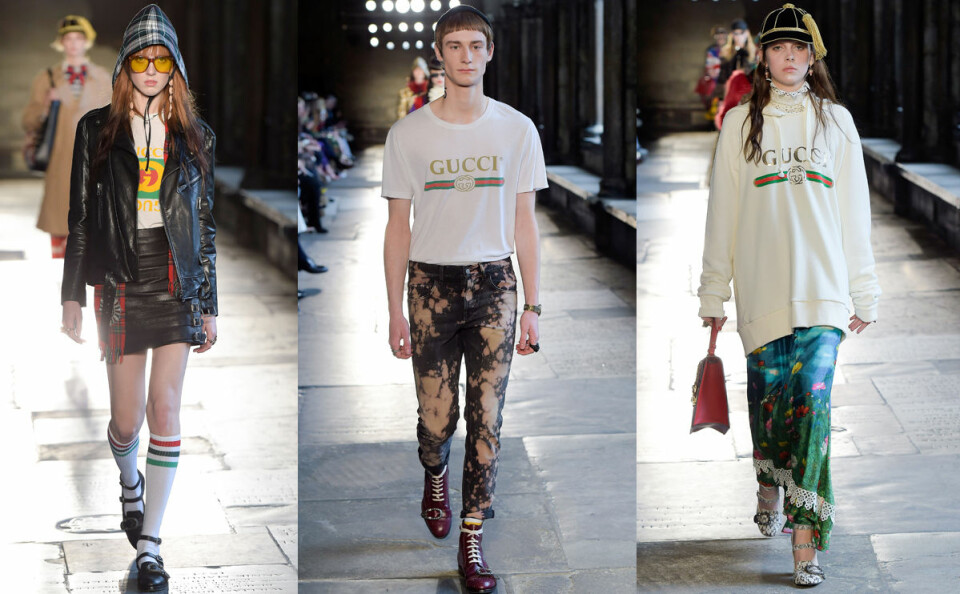 Gucci gjorde succé med fejkinspirerade t-shirts och sweatshirts under sin resort 2017-kollektion. Gucci gjorde succé med fejkinspirerade t-shirts och sweatshirts under sin resort 2017-kollektion.