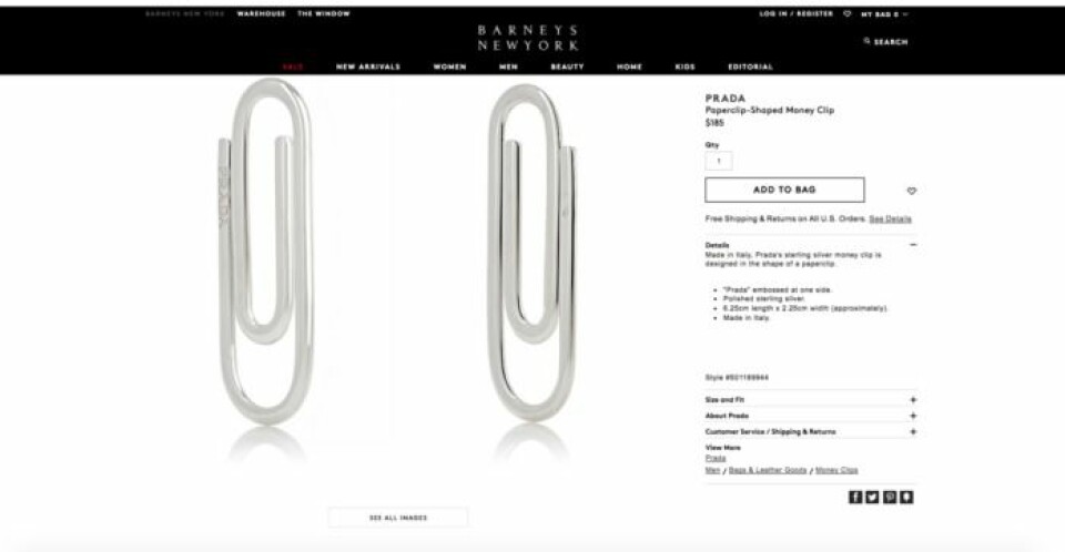 Modehuset Prada har släppt en sedelklämma för dryga 1 500 svenska kronor. Modehuset Prada har släppt en sedelklämma för dryga 1 500 svenska kronor.