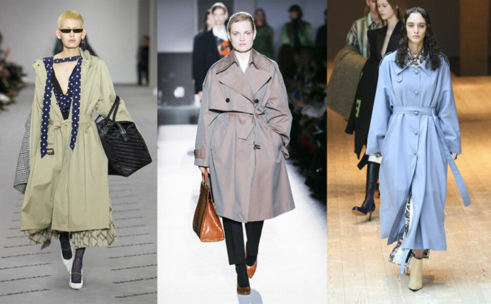 Trenchcoats från Balenciaga, Dries Van Noten och Céline. Trenchcoats från Balenciaga, Dries Van Noten och Céline.