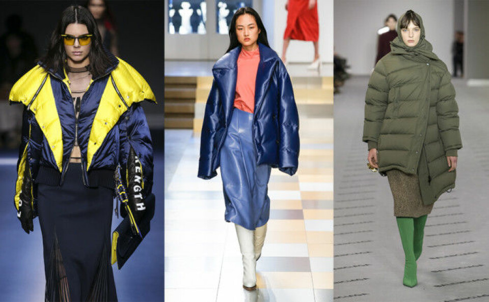 Versace, Jil Sander och Balenciaga visade dunjackor i olika färger. Versace, Jil Sander och Balenciaga visade dunjackor i olika färger.