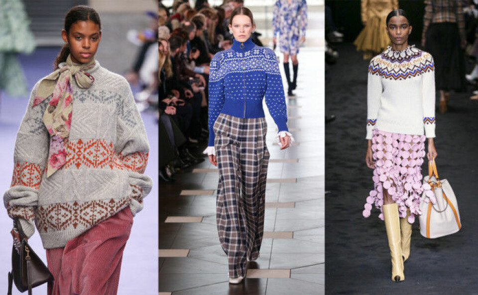 Stickade tröjor från Mulberry, Tory Burch och Loewe. Stickade tröjor från Mulberry, Tory Burch och Loewe.