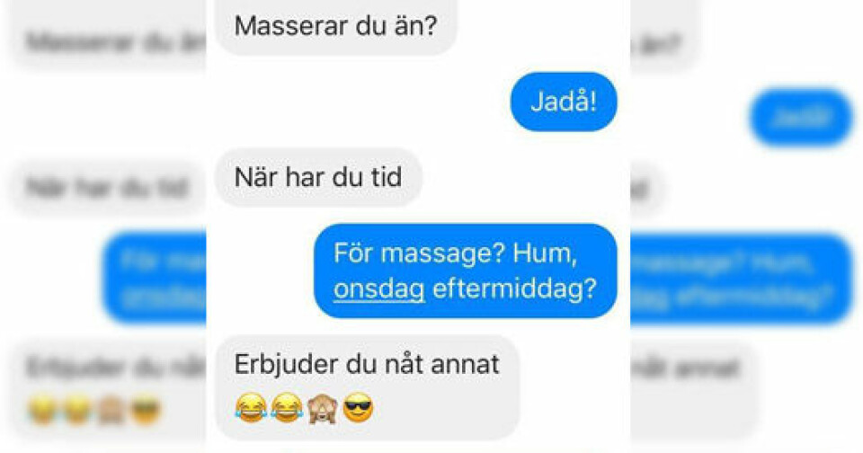 En av de skärmdumpade sms-konversationerna när en man smyger sig på förfrågan om ett ”happy ending”. Foto: privat En av de skärmdumpade sms-konversationerna när en man smyger sig på förfrågan om ett ”happy ending”. Foto: privat