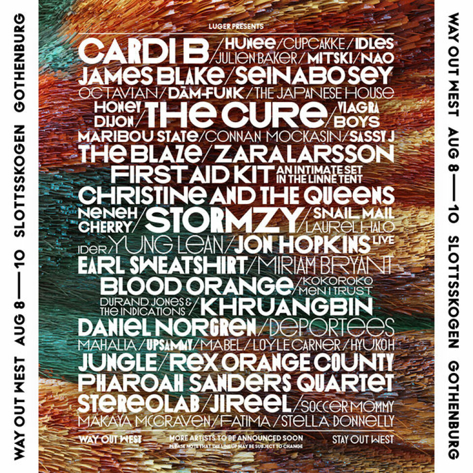 En del av alla artister som uppträder på Way Out West 2019. Cardi B har dock ställt in. En del av alla artister som uppträder på Way Out West 2019. Cardi B har dock ställt in.