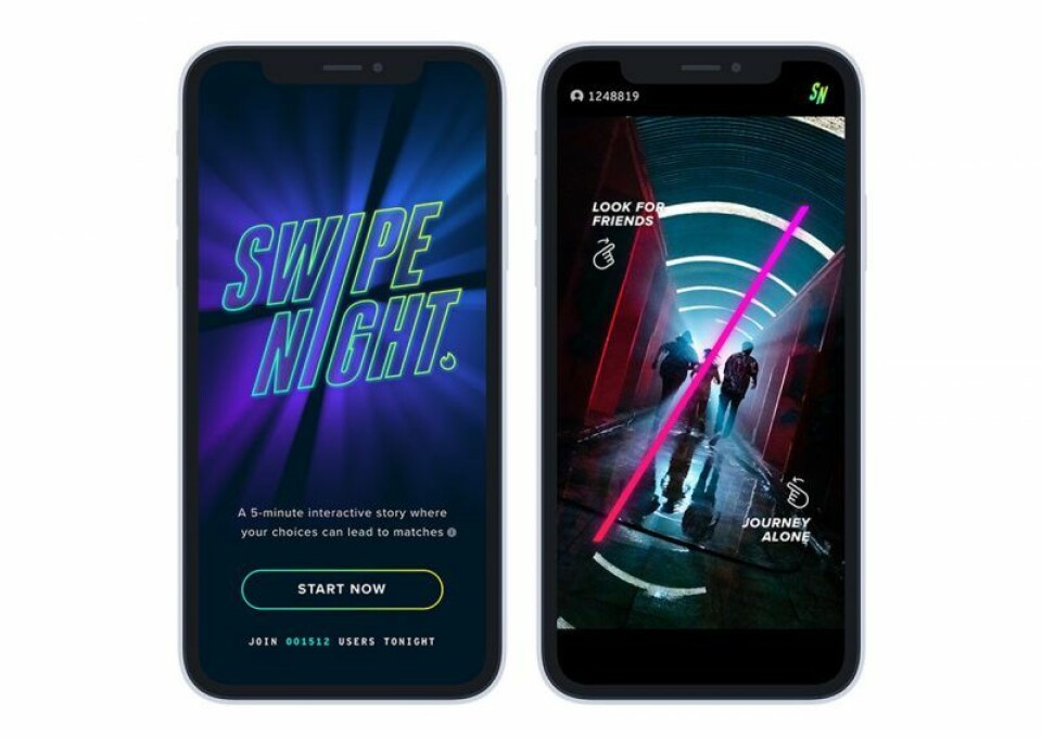 Swipe night är en interaktiv serie där dina val påverkar innehållet. Foto: Tinder Swipe night är en interaktiv serie där dina val påverkar innehållet. Foto: Tinder