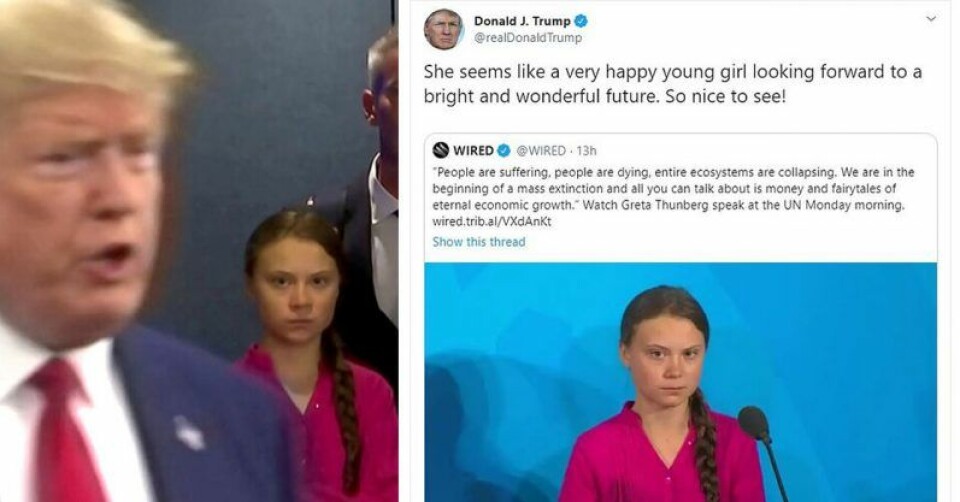 Gretas kyliga blick fick Trump att ironisera på Twitter. Gretas kyliga blick fick Trump att ironisera på Twitter.
