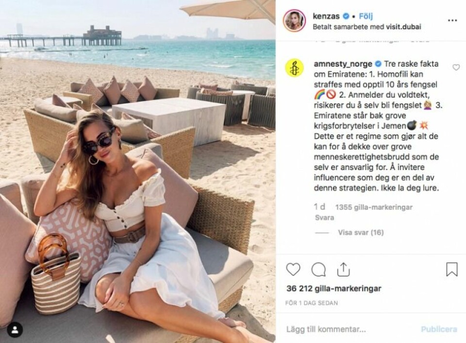 Hårda ord från Amnesty Norge. Skärmdump från Instagram. Hårda ord från Amnesty Norge. Skärmdump från Instagram.