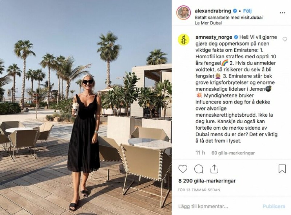 Många följare håller med om Amnestys kritik. Skärmdump från Instagram. Många följare håller med om Amnestys kritik. Skärmdump från Instagram.