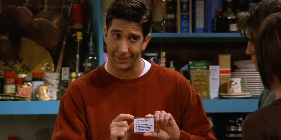 David Schwimmer som Ross Geller i Vänner. Med den laminerade listan. David Schwimmer som Ross Geller i Vänner. Med den laminerade listan.