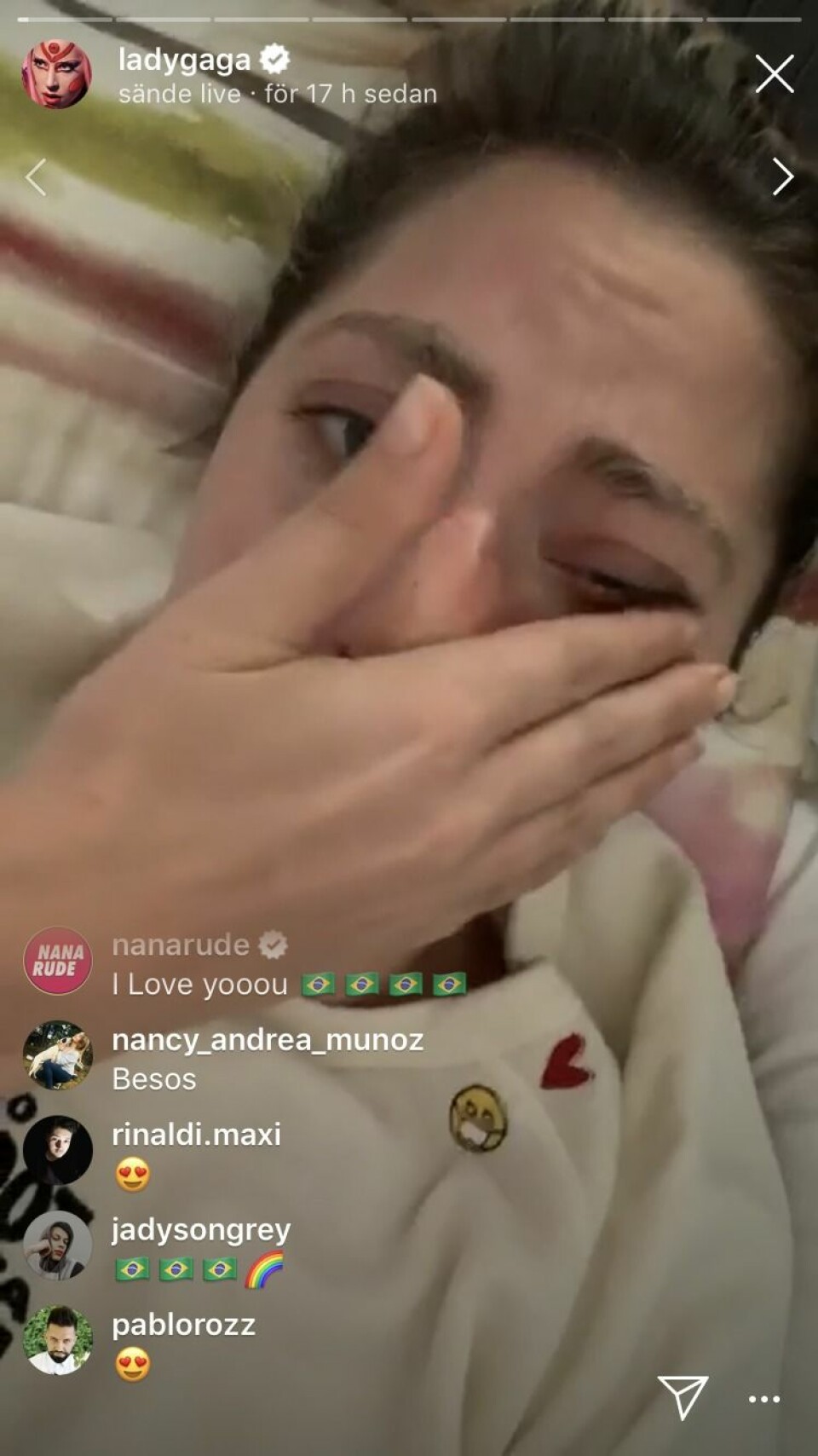 Skärmdump från Lady Gagas livesändning på Instagram. Skärmdump från Lady Gagas livesändning på Instagram.