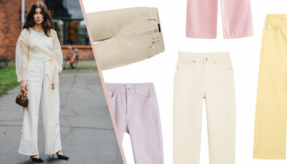 Trendiga jeans i beige, vitt och pastell att klicka hem