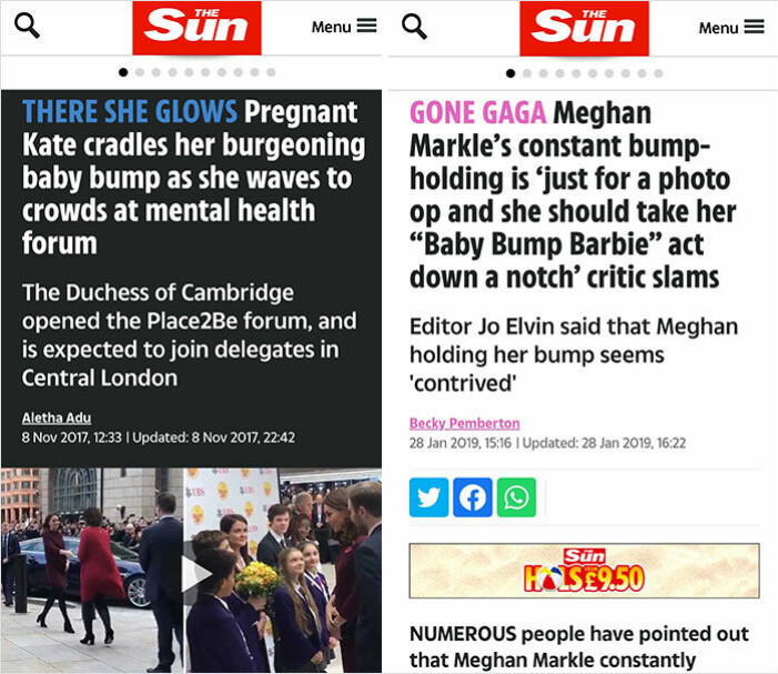 brittiska sajter skriver om Kate Middleton och Meghan Markle och deras gravidmagar