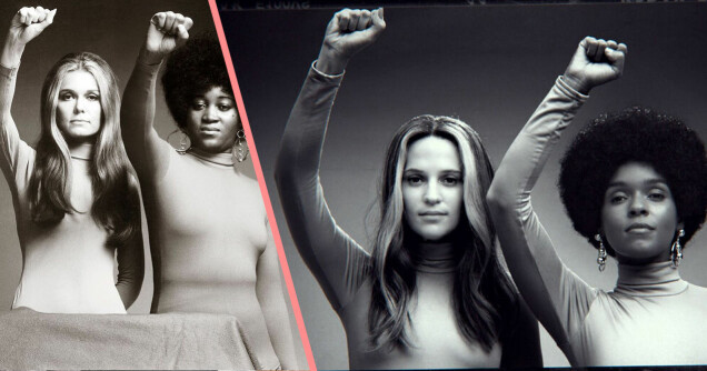 Den ikoniska bilden på Gloria Steinem och Dorothy Pitman Hughes gestaltas av Alicia Vikander och Janelle Monaé i filmen The Glorias (2021). Foto: TT Den ikoniska bilden på Gloria Steinem och Dorothy Pitman Hughes gestaltas av Alicia Vikander och Janelle Monaé i filmen The Glorias (2021). Foto: TT
