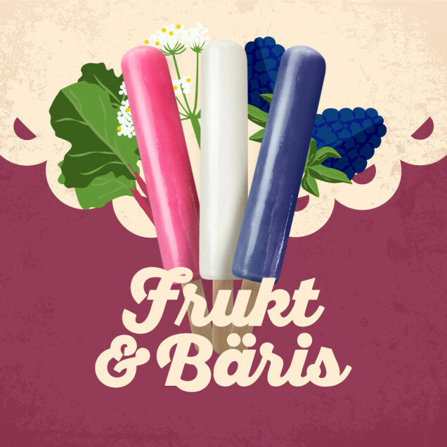 Glasspinnarna Frukt & Bäris kommer i tre smaker. Glasspinnarna Frukt & Bäris kommer i tre smaker.