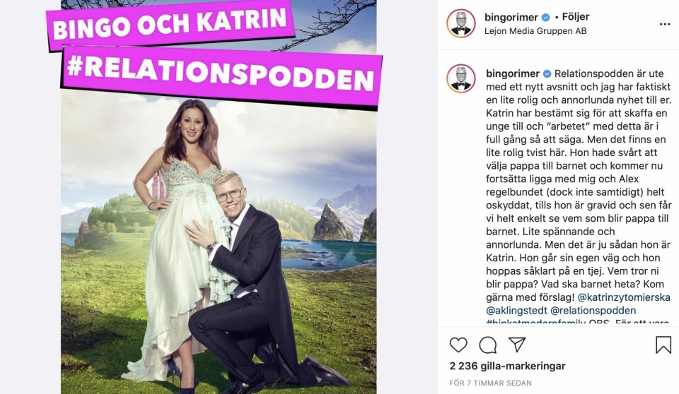 Bingo Rimérs Instagraminlägg där han skämtar om att göra Katrin Zytomierska gravid. Bingo Rimérs Instagraminlägg där han skämtar om att göra Katrin Zytomierska gravid.