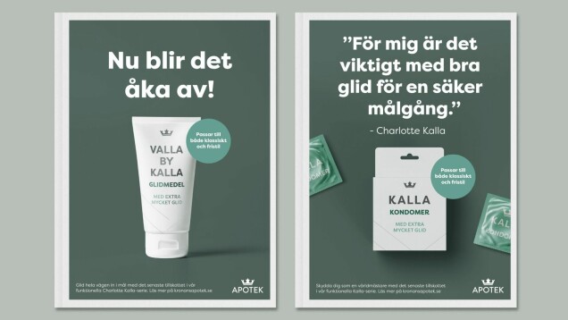 Den fejkade reklamen för Charlotte Kallas kondomer och glidmedel. Den fejkade reklamen för Charlotte Kallas kondomer och glidmedel.