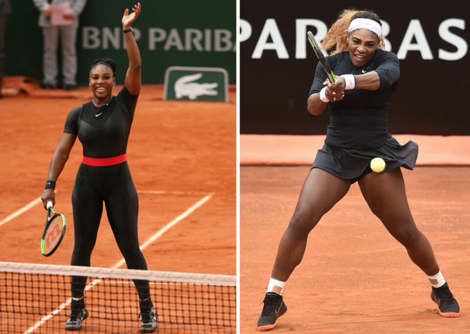 Serena Williams i sina omtalade leggings, samt i en mer traditionell tenniskjol. Serena Williams i sina omtalade leggings, samt i en mer traditionell tenniskjol.