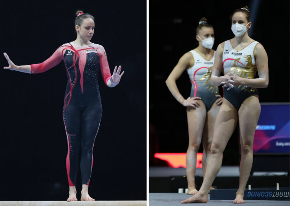 Sarah Voss i sin mer heltäckande dräkt, och i en med traditionell leotard-dräkt. Sarah Voss i sin mer heltäckande dräkt, och i en med traditionell leotard-dräkt.