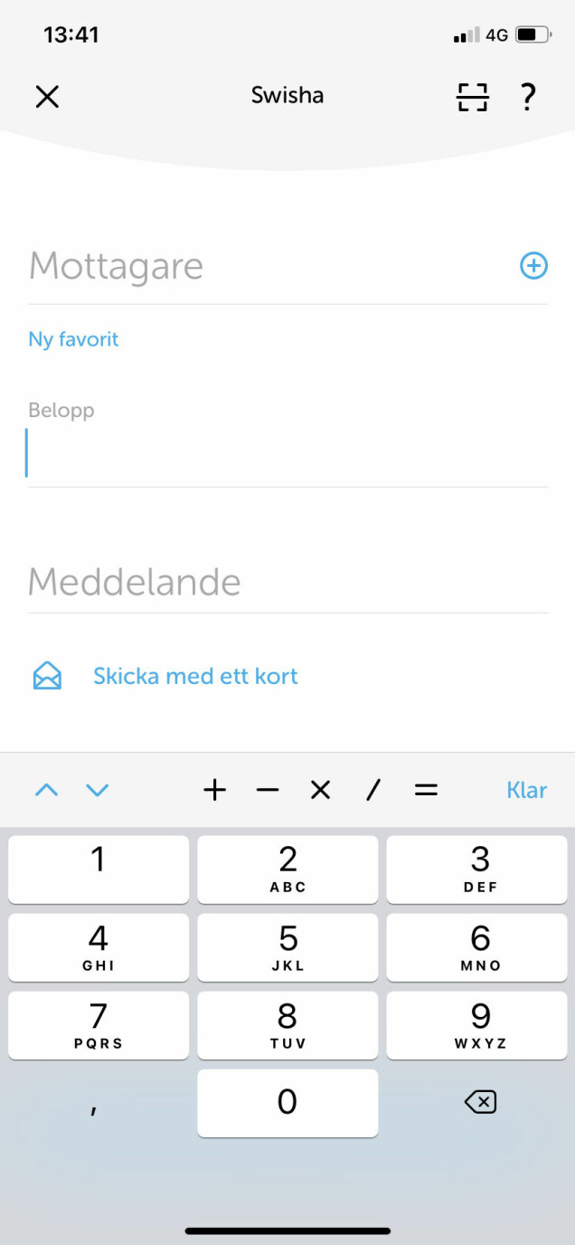 Så här ser Swish-fönstret ut när du ska fylla i belopp. Så här ser Swish-fönstret ut när du ska fylla i belopp.