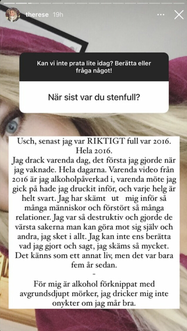 Det är flera år sedan Therese Lindgren var ”stenfull” senast, skriver hon på Instagram Story. Det är flera år sedan Therese Lindgren var ”stenfull” senast, skriver hon på Instagram Story.