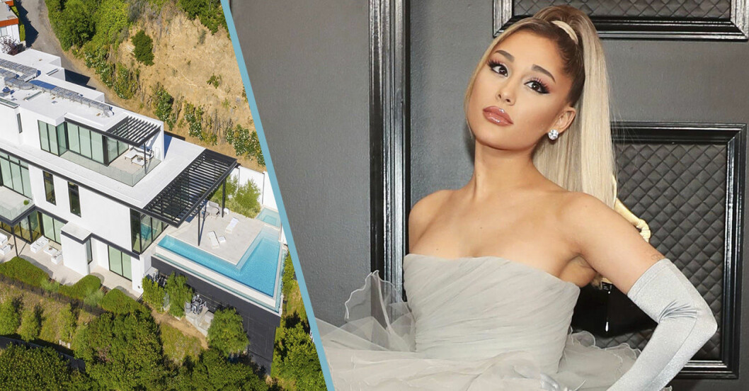ett stort hus i vitt och glas, och en bild på Ariana Grande med hästsvans och grå klänning