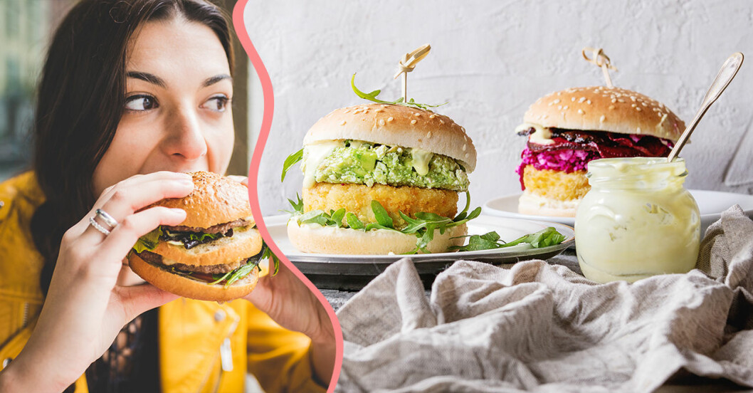 Kvinna äter vegetarisk hamburgare