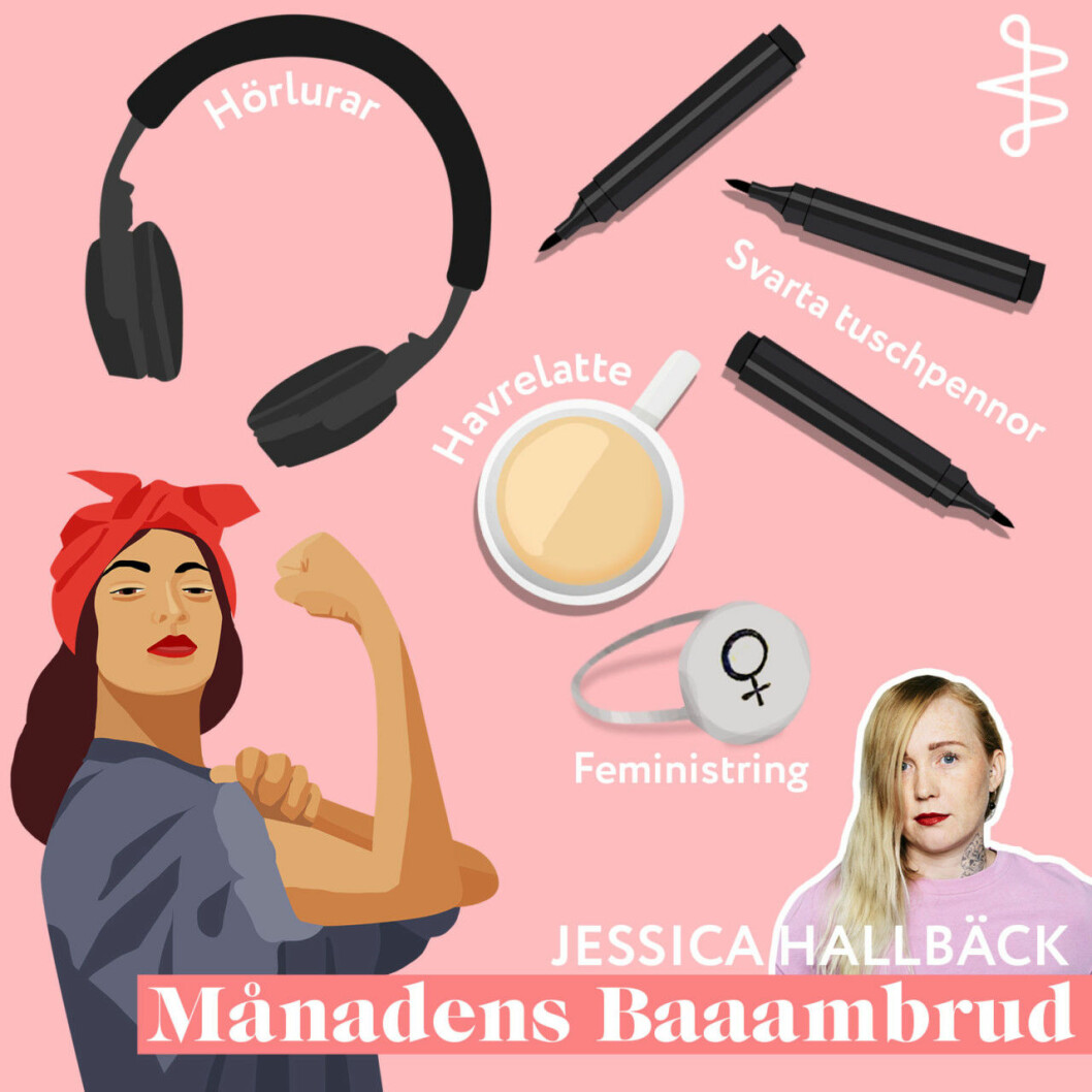 Vi bad Jessica sätta ihop ett starter pack, en samling föremål som är typiska för just henne och hennes vardag. Resultatet blev hörlurar, havrelatte, svarta tuschpennor och en feministring.