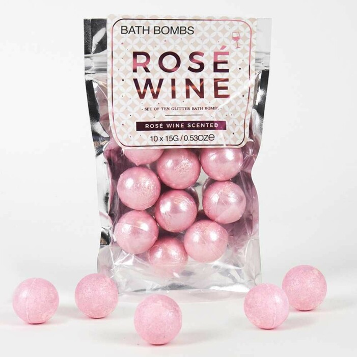 rosa badbomber med doft av rosévin i en påse