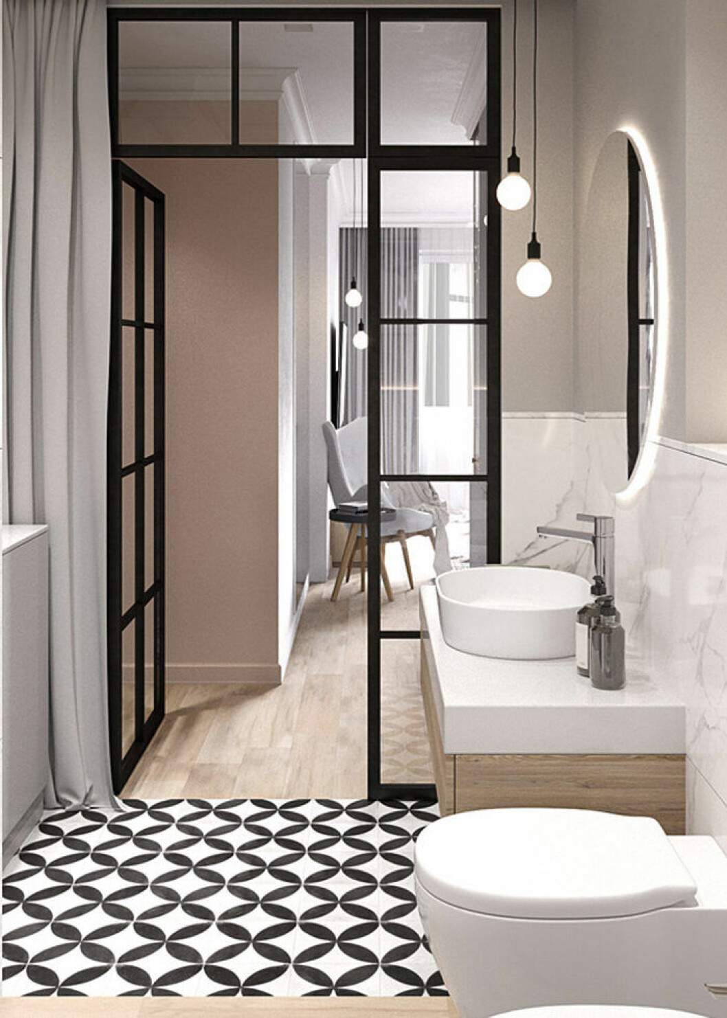 Mönstrade golv fångar ögat och lyfter hela rummet. Foto: <a href="http://cartelledesign.com/portfolio/prime-life" target="_blank" rel="noopener">Cartelle Design</a> Mönstrade golv är en av inredningstrenderna 2019 – enligt Pinterest