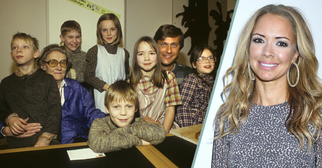Skådespelarna i Alla vi barn i Bullerbyn tillsammans med Astrid Lindgren och Anna Sahlin i dag.